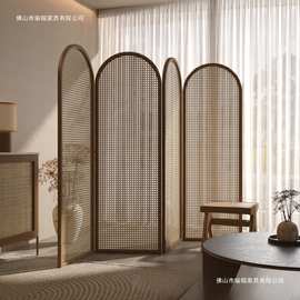 复古风实木藤编折屏遮挡隔断名宿酒店办公室可折叠简约隔断款屏风