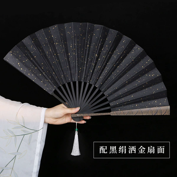 10-inch moiré carving fan - black silk fan [Buy 3 get 1 free] Pasted - with tassels