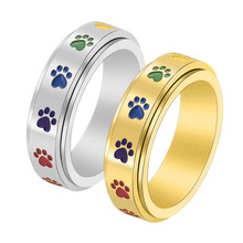 歐美外貿貨源甜美彩虹不銹鋼可旋轉戒指女式狗印六色指環飾品批發