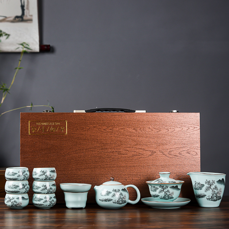 汝窯茶具套裝可logo開片汝瓷茶具家用節慶商務禮品套裝公司送禮品