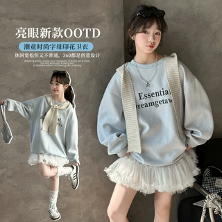 女童春秋字母卫衣2026新款中大童洋气披肩宽松韩系打底衫套头上衣
