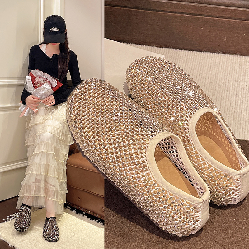 Soft-Soled Trendy Niche Rhinestone Mesh Shoes, Breathable Hollow-Out Hot-Studded Flat Fishnet Sandals, Fashionable Loafers
