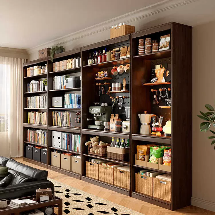实木书架置物架落地去客厅化一体整墙收纳储物柜胡桃木色家用书柜