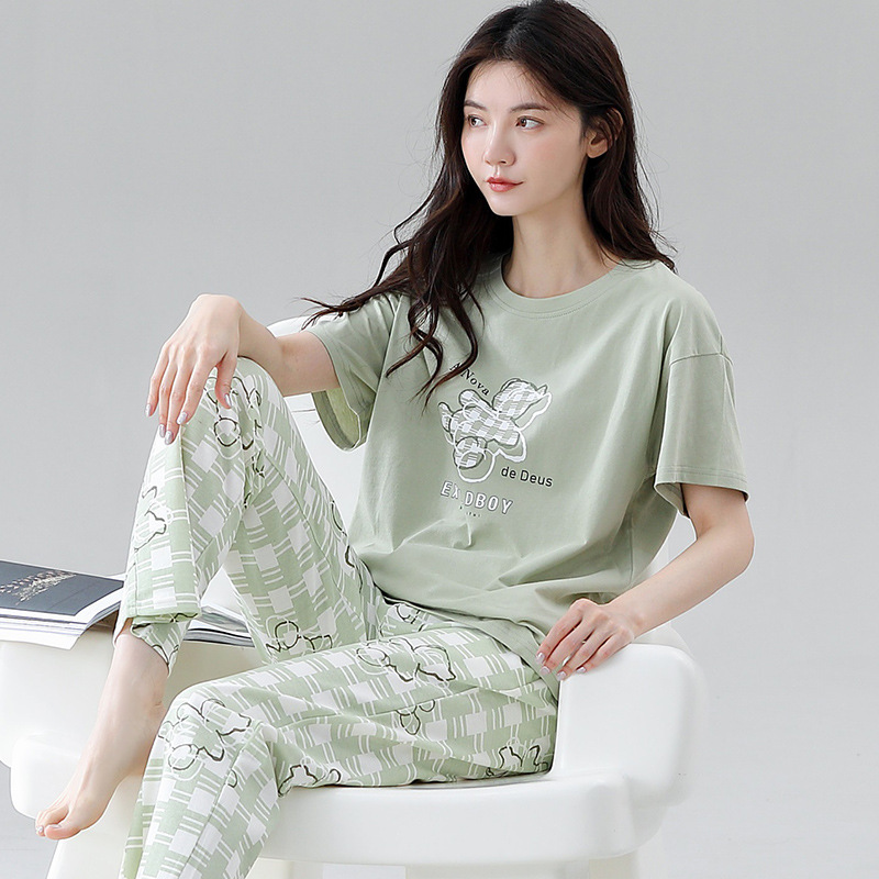 Pajamas for Women in Summer 100% Cotton Short-Sleeved Long Pants Pullover Set Thin Cute Summer Pure Cotton Women's Home Clothes