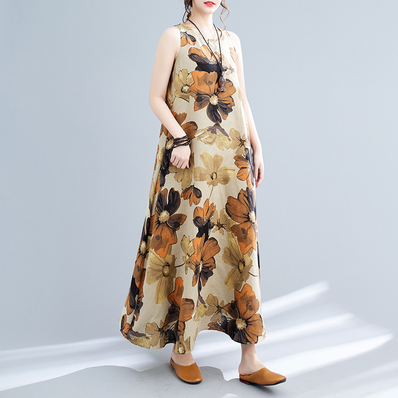 Vestido midi estampado sem mangas com gola redonda, estilo boêmio, plus size, para o verão de 2024._voghion.com