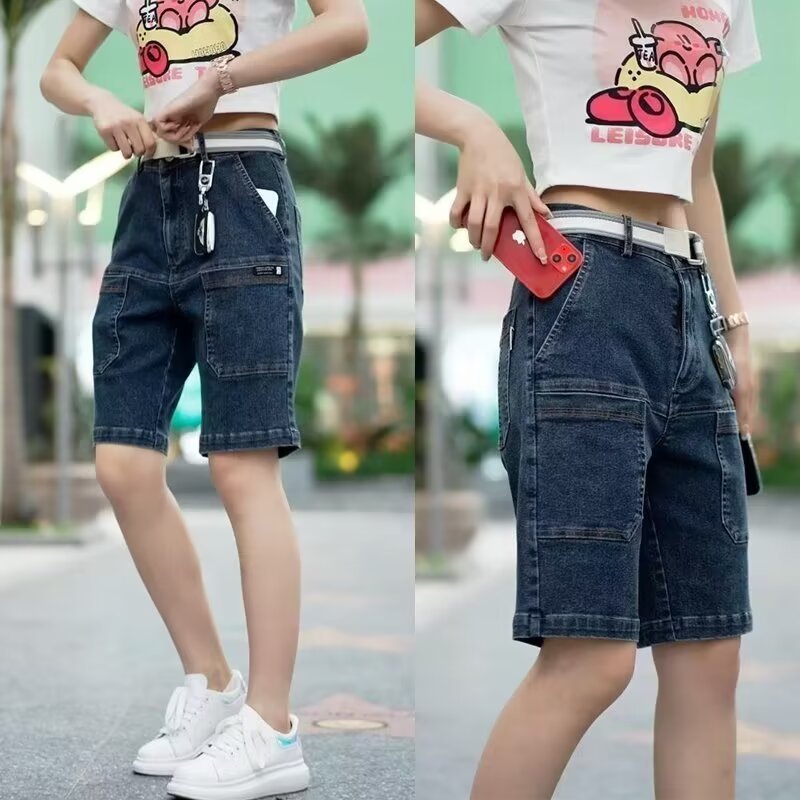 Pantalones cortos de mezclilla de la calle para hombres 2024 marea de verano retro lavado y pantalones de pierna recta desgastados pantalones de cintura elástica sueltos de cinco puntos