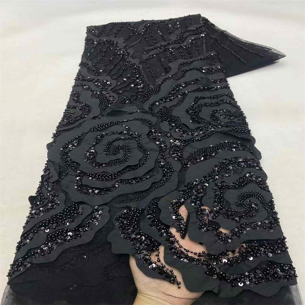3D flor estereoscópica tubo de cuentas bordado tela hecha a mano clavado flor bordado sequilla encaje tela de vestido Tejido de encaje