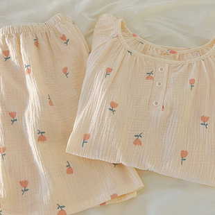 Sweet Pastoral Floral Pajamas for Women, Summer Pure Cotton Short-Sleeved Petite Suit That Can Be Worn Outside Summer Home Clothes