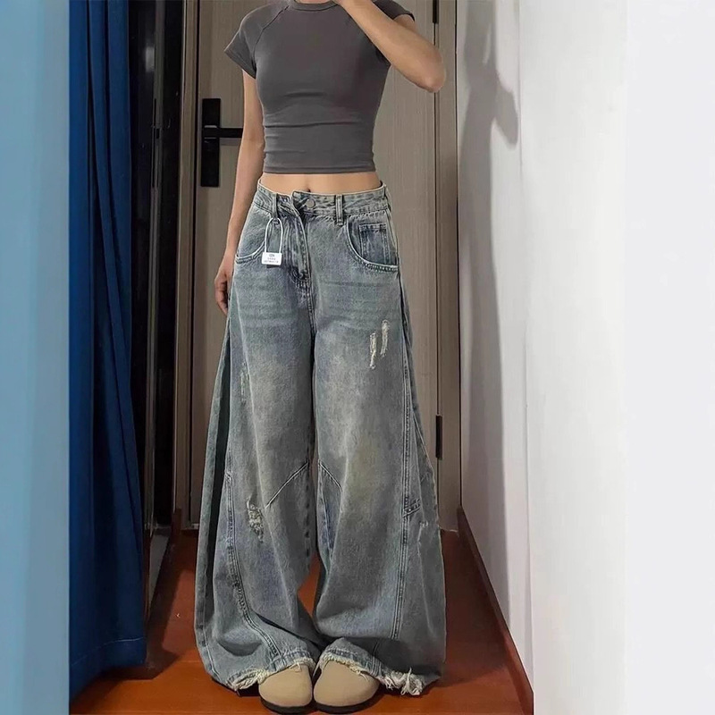 Vintage Denim Spring and Autumn New High-Waisted American-Style High Street Ripped Jeans with Loose Wide-Leg Floor-Length Design Vintage Denim Spring and Autumn New High-Waisted American-Style High Street Ripped Jeans with Loose Wide-Leg Floor-Length Design