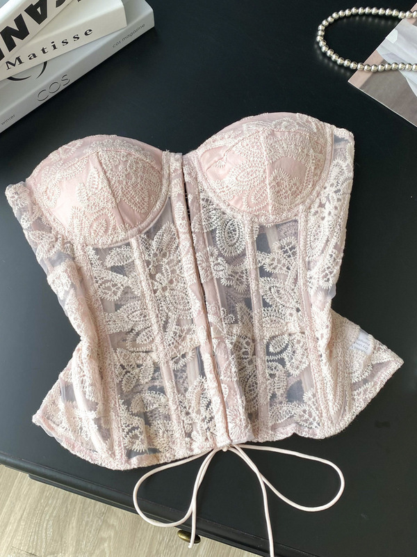 Pure Desire Heavy Embroidery Mesh Tube Top Women's 2025 Autumn European and American Strap Fishbone Slimming Short Top