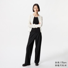 优某库女装100羊毛细腻圆领针织开衫长袖黑色白色可机洗羊毛衫女