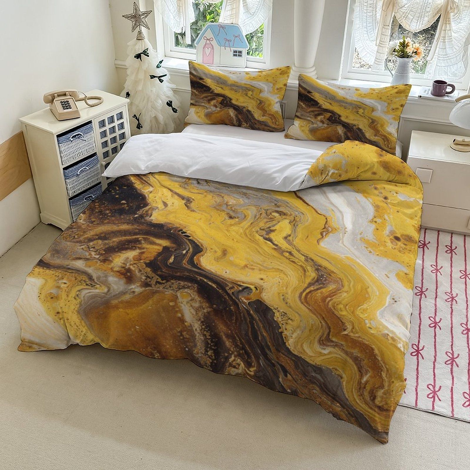 TEMU / JIT negro y blanco textura de mármol molienda impresión digital kit de colcha de tela para el hogar se puede diseñar