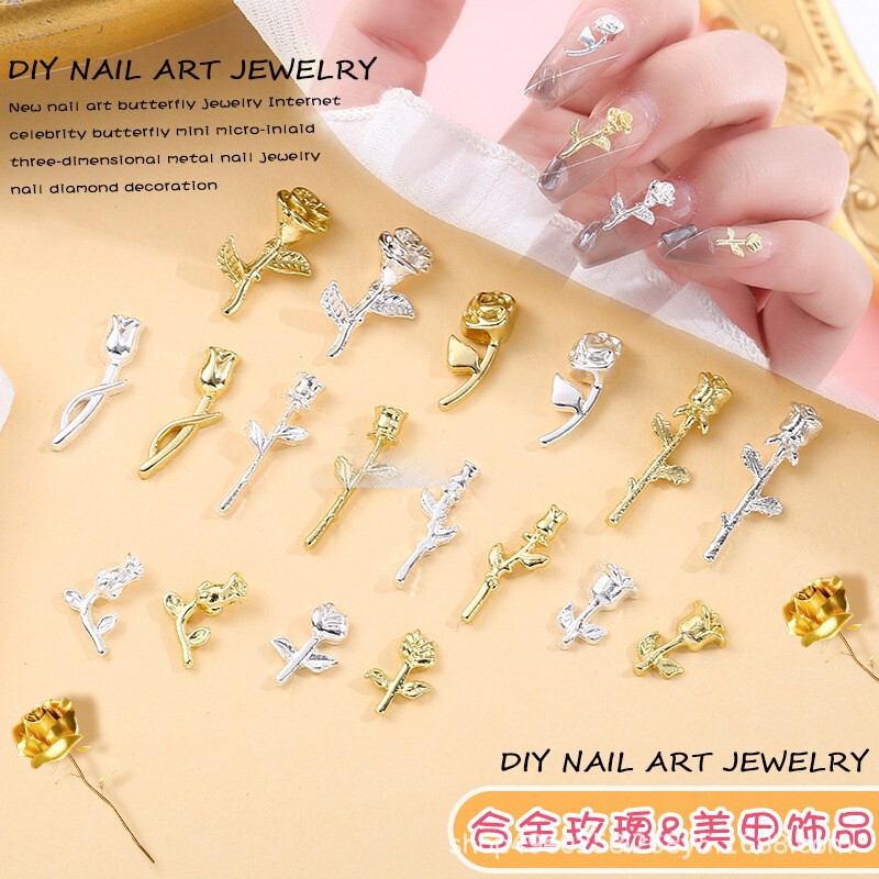 Cross-Border Alloy Nail Art Accessories, New Trendy Rose Flower Nail Art, Metal Rose Flower Nail Decorations, Wearable Nail Accessories