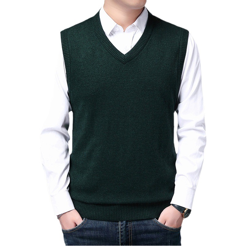 Men's solid color wool vest autumn and winter basic V-neck knitted vest middle-aged and elderly casual wool vest dad shirt