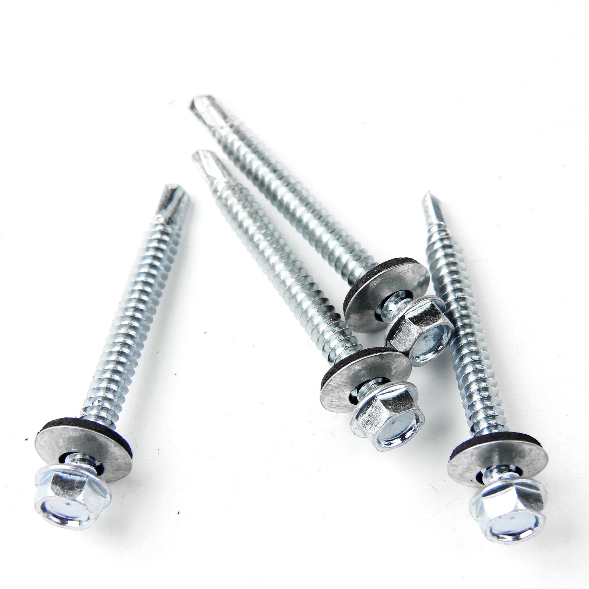 现货彩锌蓝白锌六角钻尾螺钉六角尖尾螺钉，带黑色垫圈