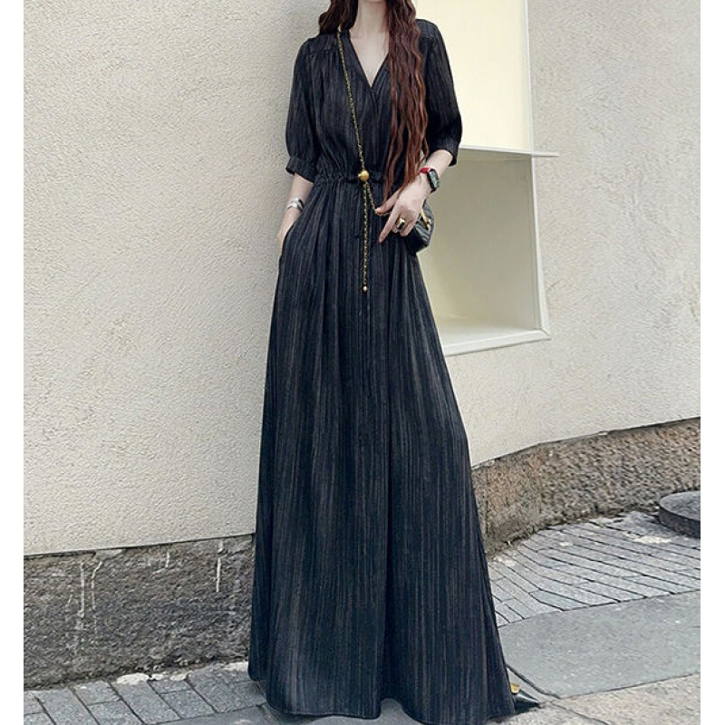 Tall Lengthened Simple Casual Gao-Grade Elegant V-neck dress Loose plus size Giant Slim-fit Long Dress for Women