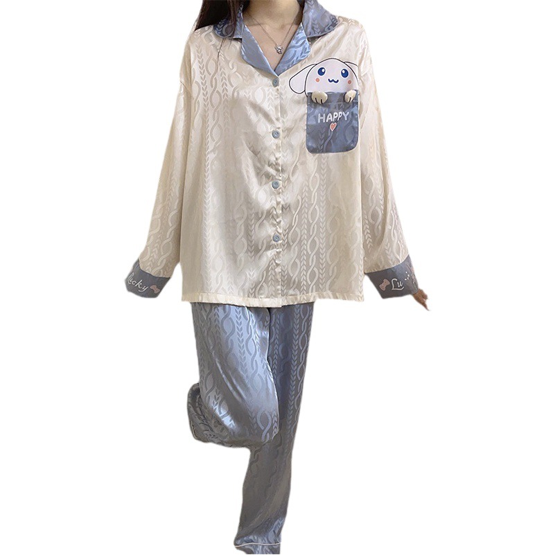 Estilo coreano ins Net estilo rojo pijamas de Seda Hielo Las Mujeres Otoño e Invierno manga larga dibujos animados lindo dulce chica desgaste del hogar traje