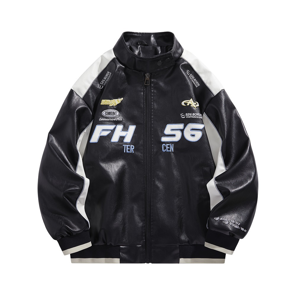 Large embroidered fashionable stand collar casual spring and autumn new zipper slim fit men's motorcycle leather jacket_voghion.com