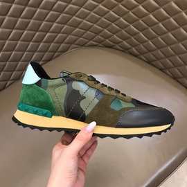 欧洲站春季迷彩运动鞋男系带拼色休闲透气真皮男士增高版厚底跑步