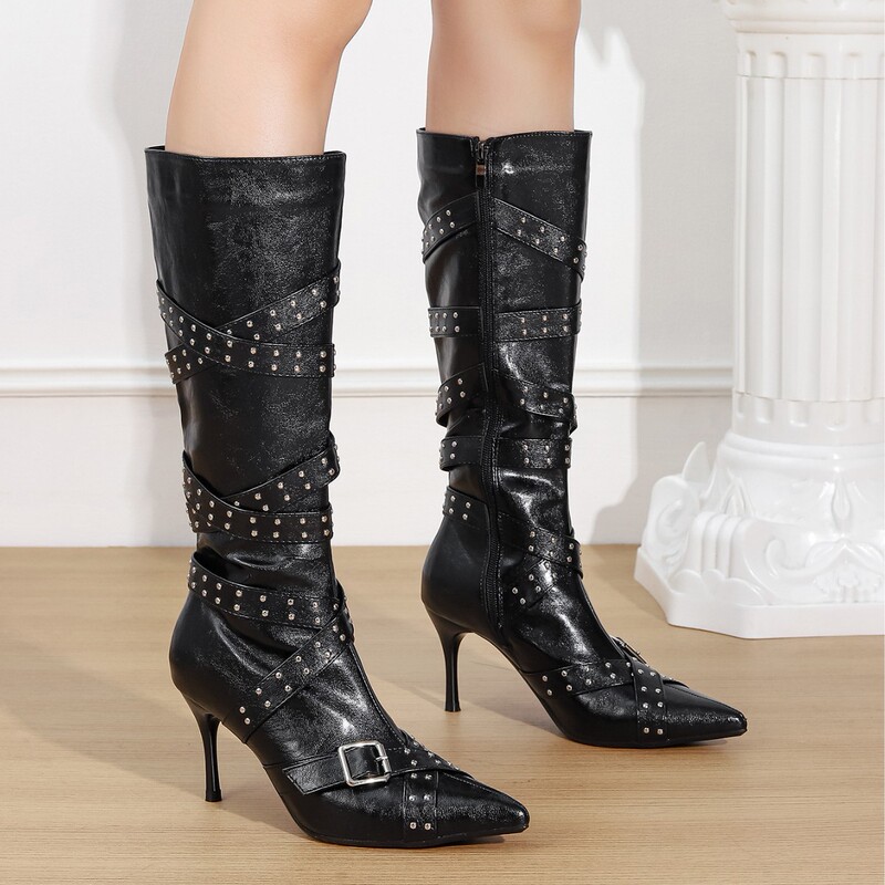 Women's Long Boots 2025 Autumn and Winter New Style High Heel Stiletto Pointed Toe Rivet Strap Knee-High Riding Boots Black
