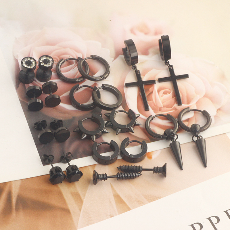Men's Stainless Steel Earrings Cross Black Round Barbell 11 Pairs Fashion Ear Piercing Set detail image 9