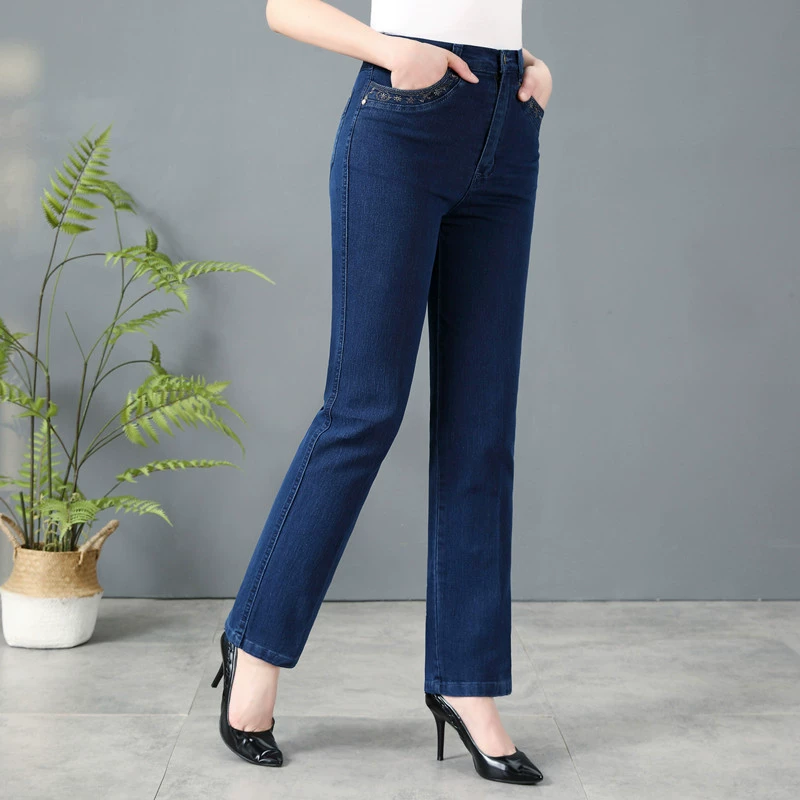Весенне-осенние новые джинсы среднего возраста, женские брюки, эластичные прямые брюки больших размеров с высокой талией для мам, брюки среднего возраста на флисовой подкладке