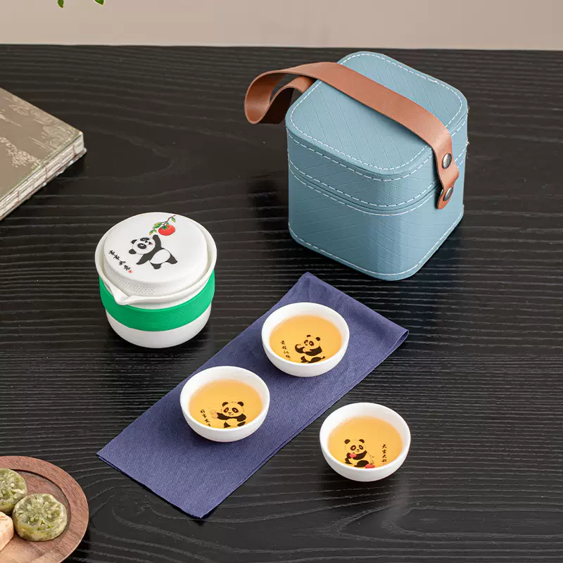 熊猫文创旅行茶具小套装便携一壶三杯快客杯公司活动创意礼品LOGO