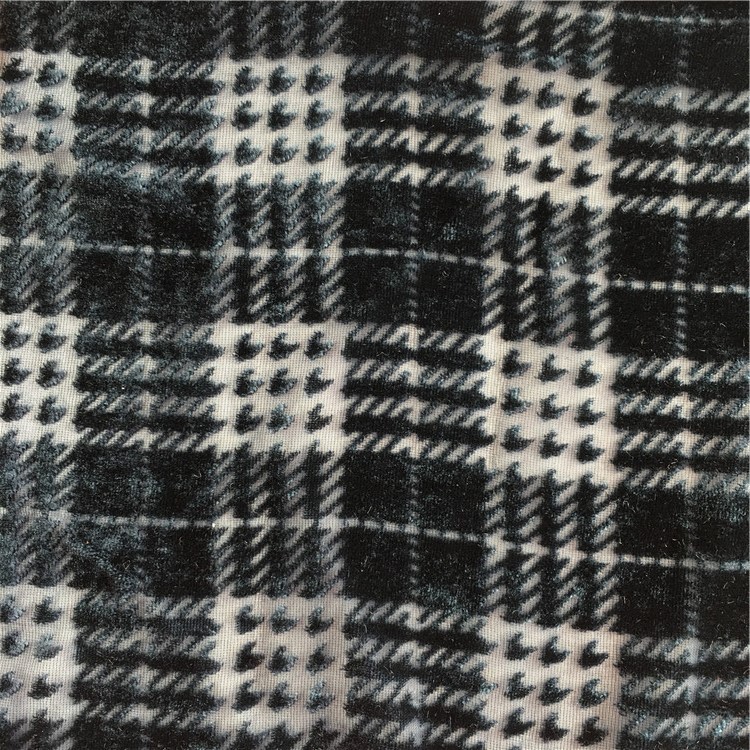 厂家供应锦绒梭织镂空印烂花植绒格纹烂花布女装