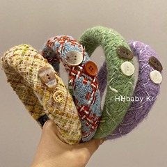 日韓毛線高顱頂發箍網紅秋冬新款顯臉小紐扣發卡氣質壓發頭箍髮飾