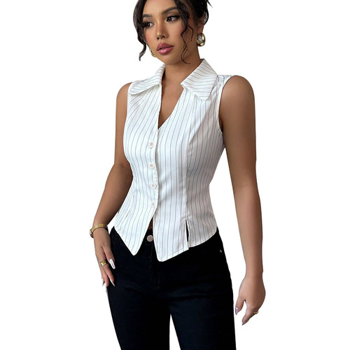 Cross-border foreign trade women's clothing 2025 summer new style European and American temperament striped sleeveless shirt slimming shirt cardigan top 