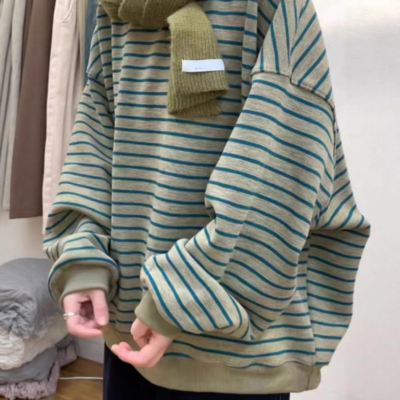 美式复古条纹撞色无帽卫衣女春秋宽松oversize慵懒风休闲百搭上衣|undefined