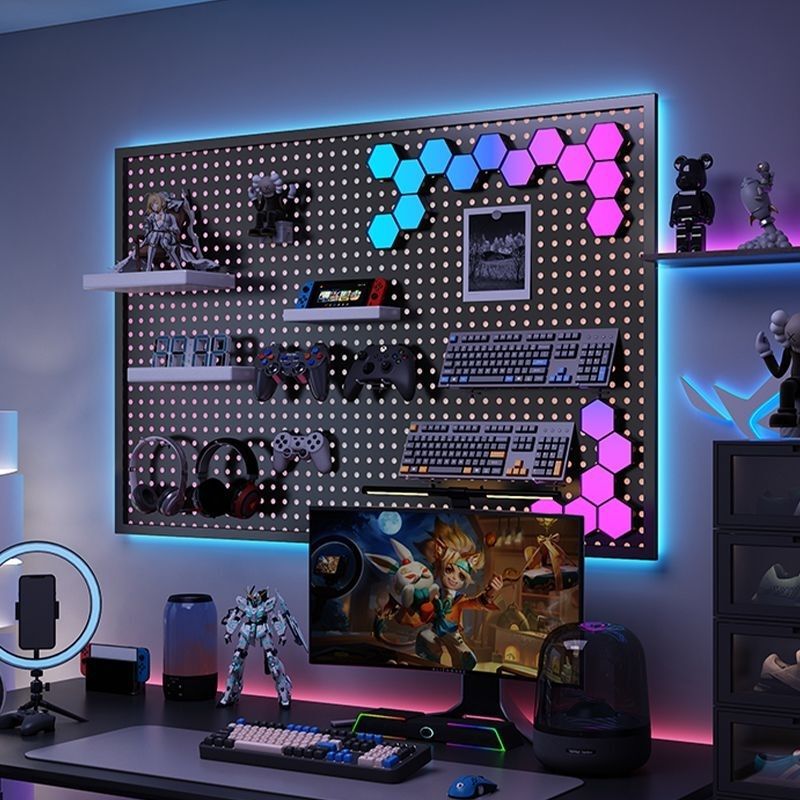 E-Sports Perforated Board E-Sports Room Decorative Storage Rack Computer Desk Study Wall Hanging Board Storage Display Rack Can Be Nailed