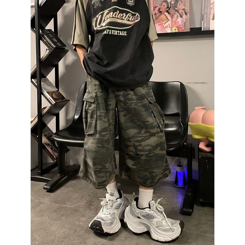 American Retro High-end Jeans Men's and Women's European and American-style Logging Wide-leg Camouflage Large Pocket Workwear Shorts Capri Pants