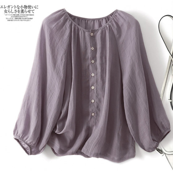 Real Shot New Style High Branch Encryption Ramie Seven-point Sleeve Round Neck Shirt Women's Loose Shirt