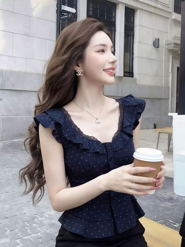 French-Style Pure Desire Lace Patchwork V-Neck Short-Sleeve Shirt for Women, 2026 Summer New Polka Dot Print High-End Shirt
