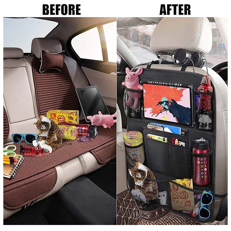 Organizador de asiento de coche de tela Oxford 600D con bolsillo para iPad, resistente y práctico