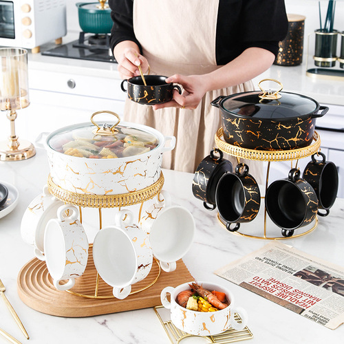 New Nordic ins household double-ear ceramic pot with small bowl creative pot holder with candle holder marble tableware