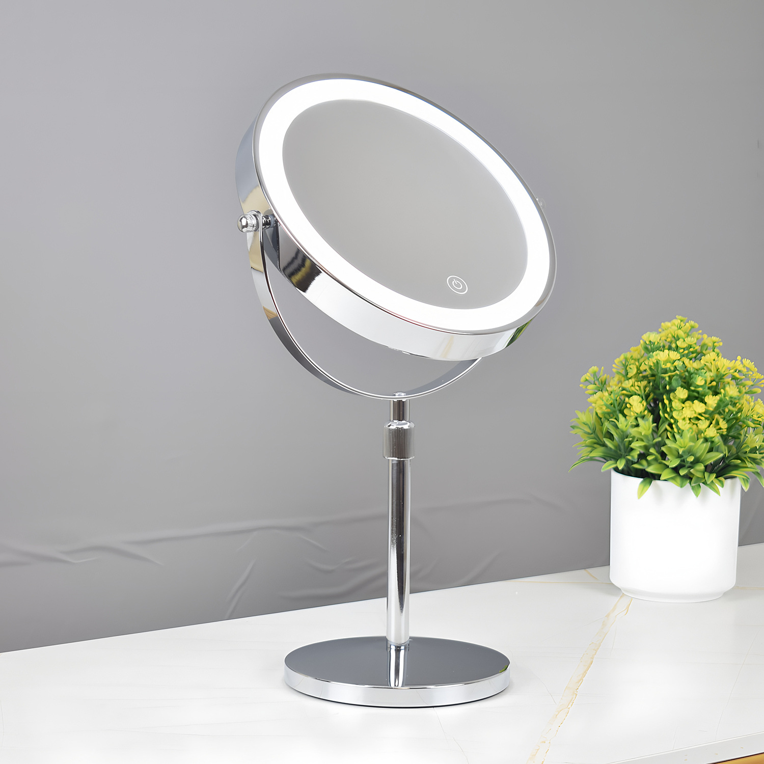 Espejo de maquillaje de doble cara de 8 pulgadas para escritorio, espejo de mesa redondo iluminado, espejo LED con luces, espejo telescópico con aumento, altura ajustable.