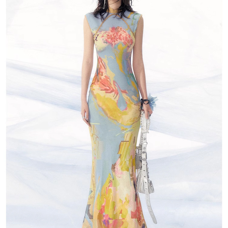 Spot Ofaki's New Chinoiserie Printed Cheongsam Dress Women's Front and Back Two-Wear Mesh Vest Long Skirt
