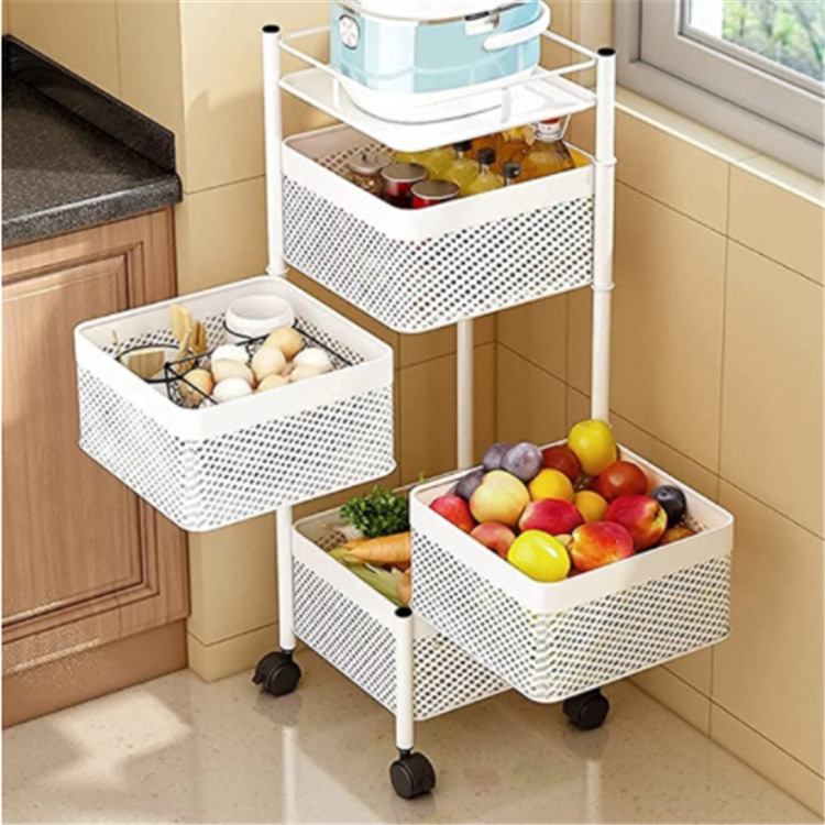 Household Floor-type Kitchen Multi-layer Square Carbon Steel Rotating Fruit and Vegetable Basket Movable Kitchen Fruit and Vegetable Storage Rack