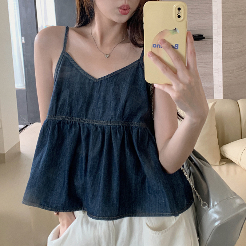 Hot Girl Denim Vest V-neck Sling Women's New Summer Outer Wear Loose Pleated Design Ruffled Short Top