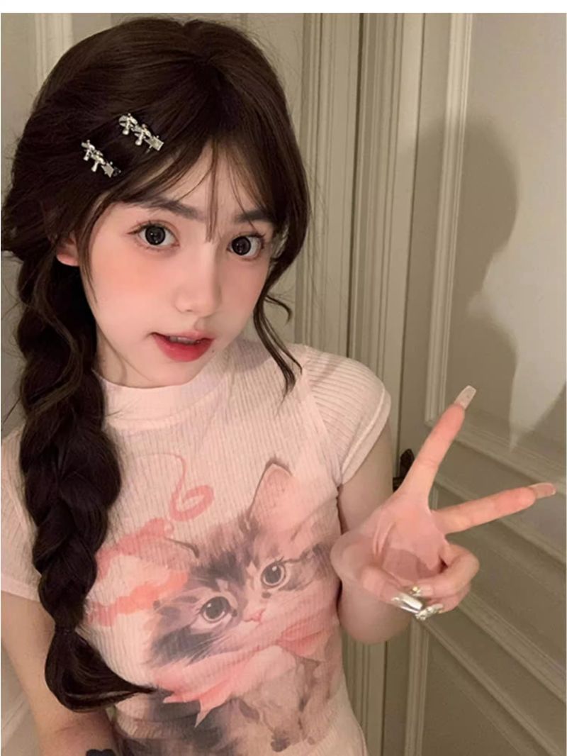[원단] 새끼 고양이 인쇄 둥근 목 어깨 꽉 허리 슬리밍 반 높이 목 슬림-핏 반팔 여성용 티셔츠 탑