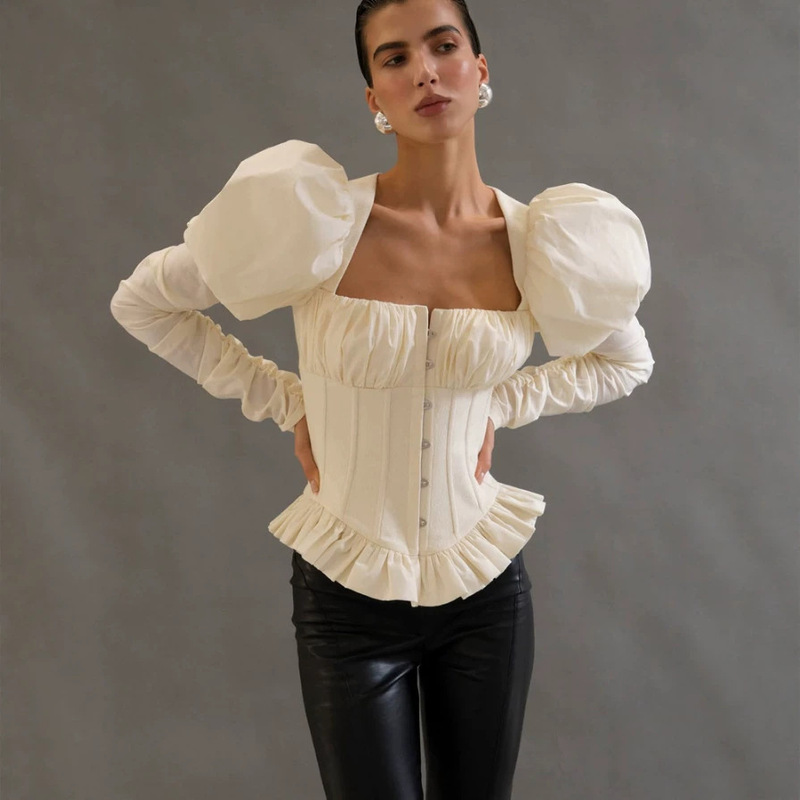 French Court-Style Square-Neck Puffy Long-Sleeve Shirt for Women with Single-Row Button Fastening and Cross-Tie Back Waist-Cinching Top French Court-Style Square-Neck Puffy Long-Sleeve Shirt for Women with Single-Row Button Fastening and Cross-Tie Back Waist-Cinching Top