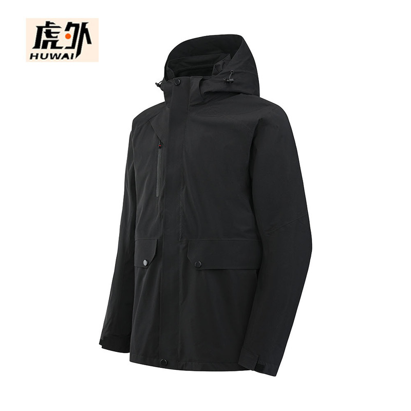 Thin Double-Layered Jacket with Detachable Inner Lining, Hooded Workwear Jacket with Printed Text, Outdoor Mountaineering Stand-Collar Jacket
