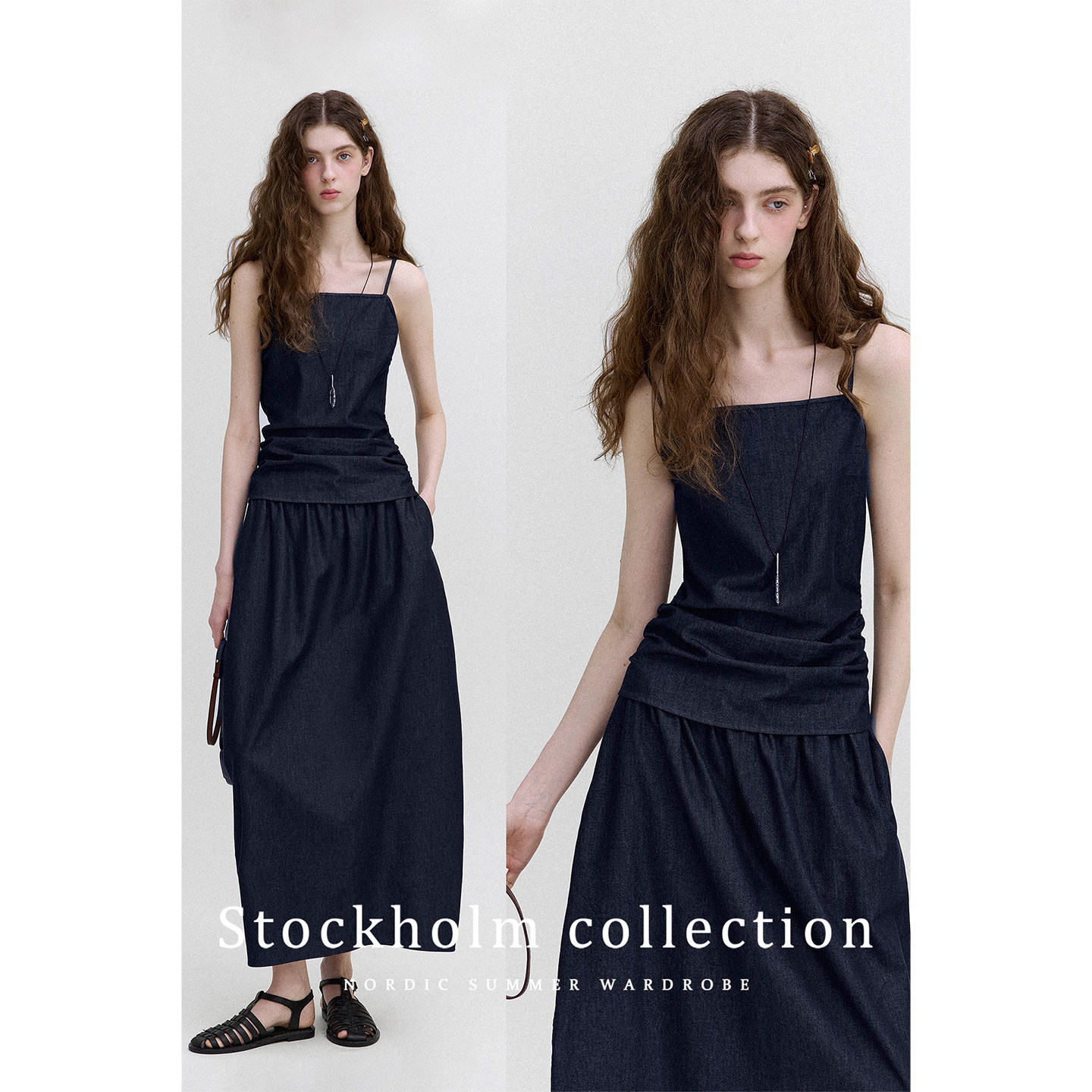 Letm Scandinavian Retro Denim Polka Dot Waist Pleated Suspender Top Silhouette Skirt Suit for Women