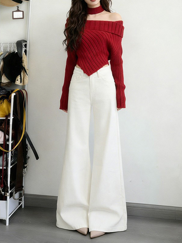 Women's High-rise White Embroidered Flared Jeans Boho Style Spring_voghion.com