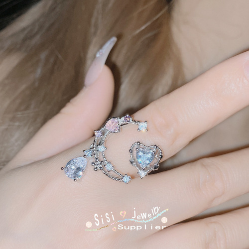SIsi's original high-end Japanese luna super fairy palace ring gold-plated inlaid with bright aquamarine zirconium niche ring