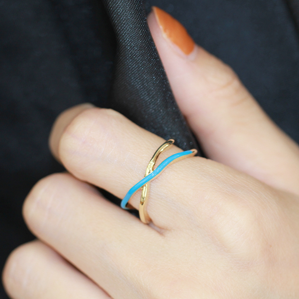 夏季新品时尚简约蓝色滴油交叉戒指开口可调节韩版少女宽版食指戒