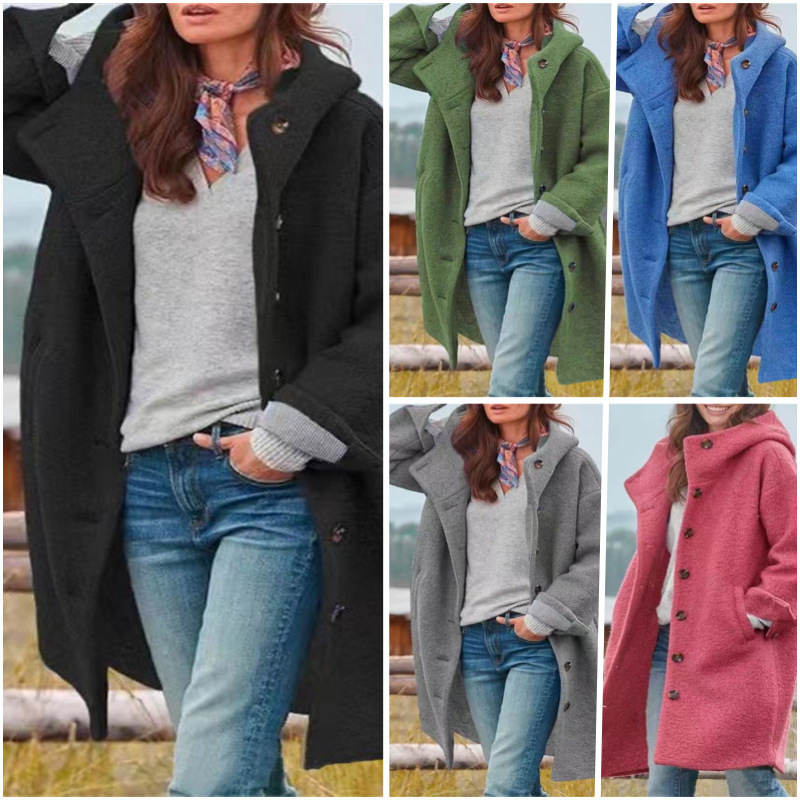 2025 Cross-Border Aliexpress Women's Autumn Coat Mid-Length Single-Breasted Multi-Color Multi-Size Hooded Casual Coat