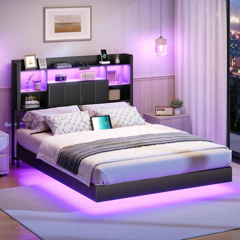 Full Size Floating Bed Frame with Headboard and Led Lights, Floating Bed Frame with Charging Station and Upholstered Headboard